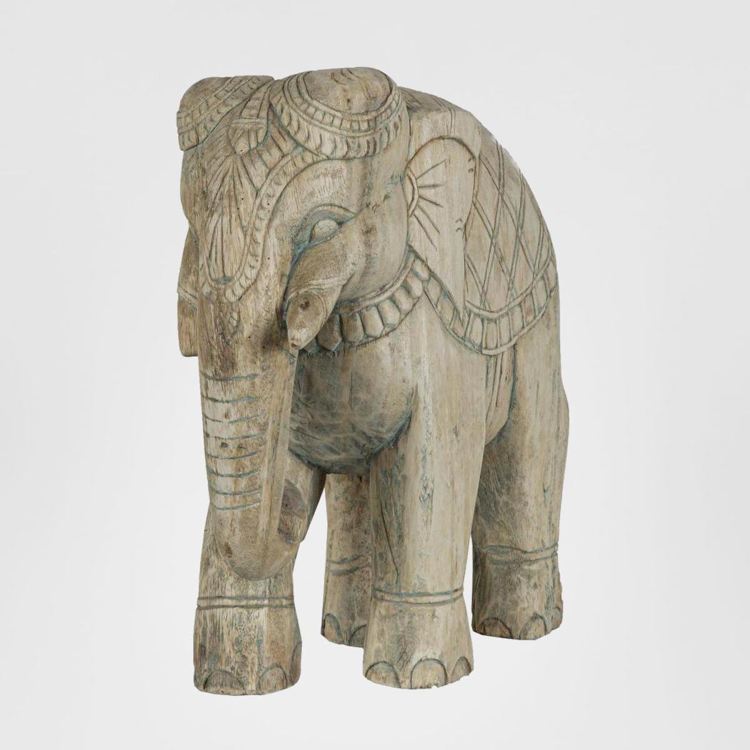 Elephant Wooden Carving with Antique Blue Detailing Bleach Brown