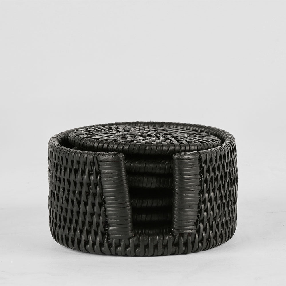 Paume Rattan Round Coaster Set 6 Black