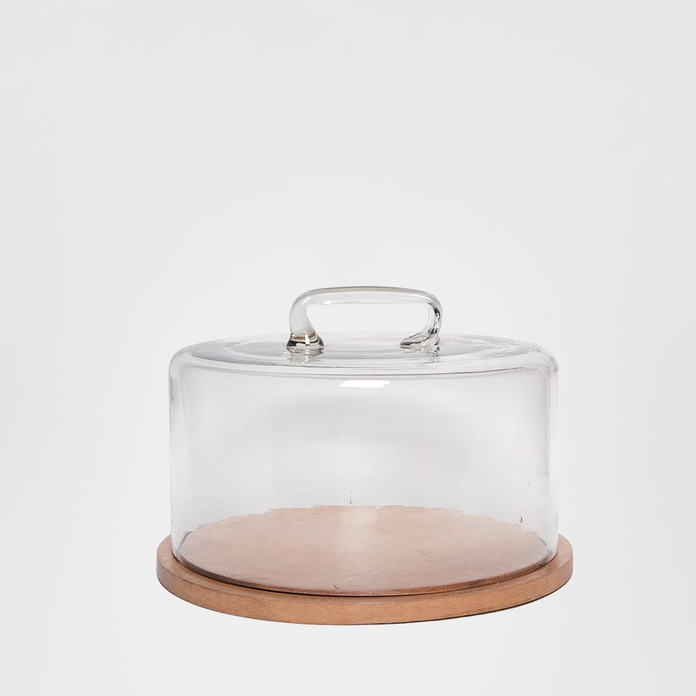 Round Glass Cloche With Wood Base 30cm
