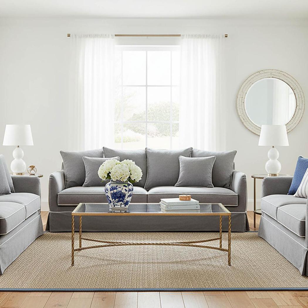 Noosa Hamptons 3 Seat Queen Sofa Bed Grey W/White Piping