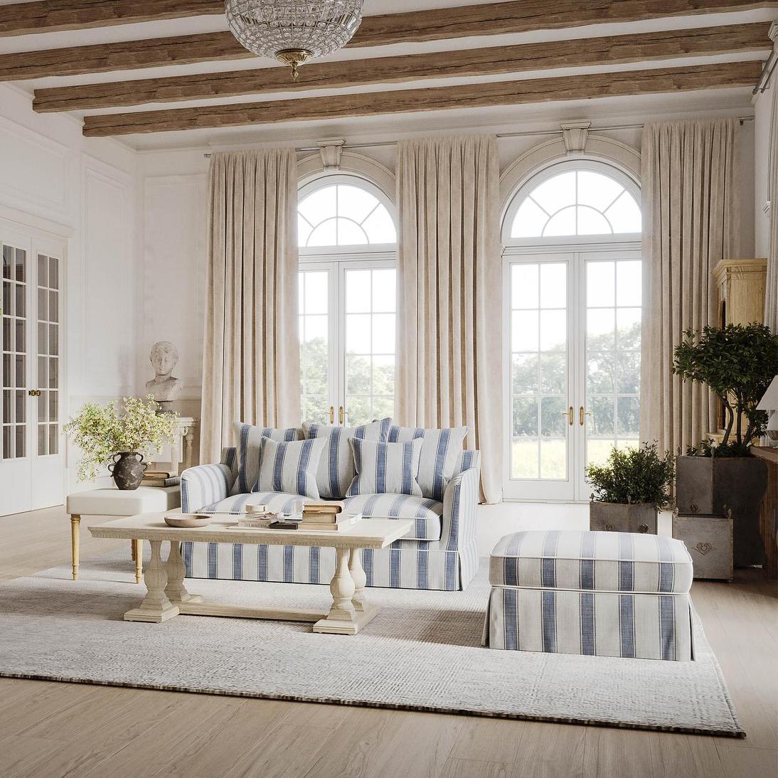Slip Cover Only - Noosa Hamptons Ottoman Blue Sky Stripe