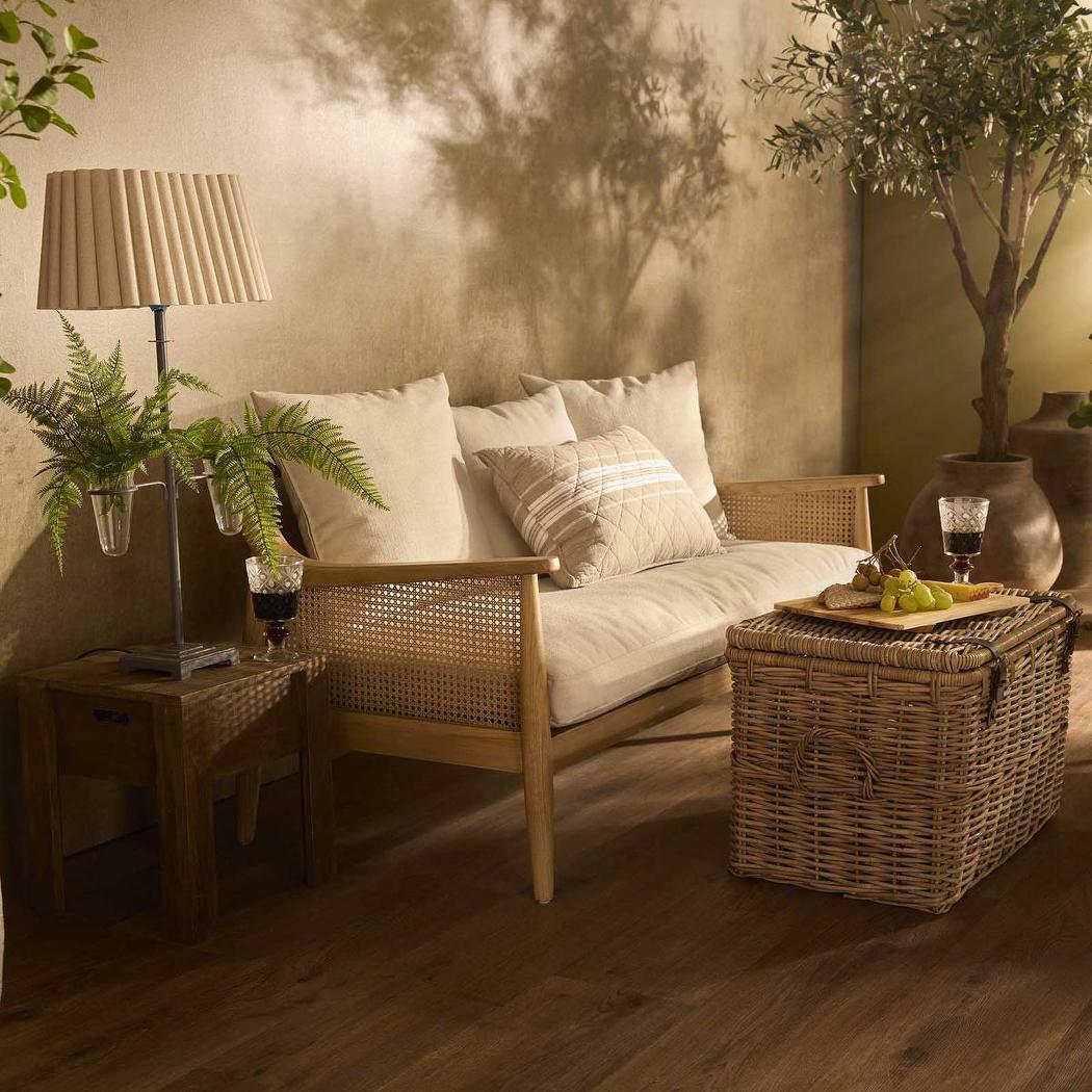 Luberon 2 Seat Oak & Rattan Sofa W/Linen Blend Cushions