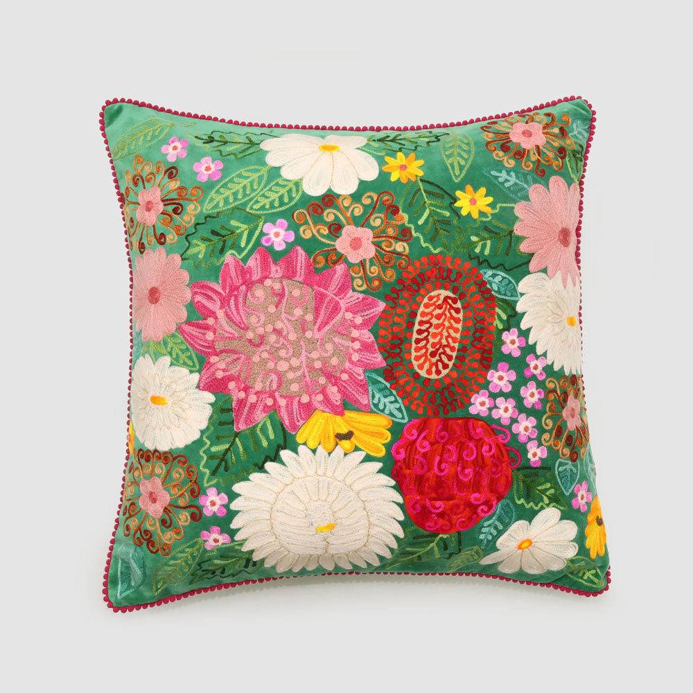 Wildflower 50 x 50cm Embroidered Cushion Green
