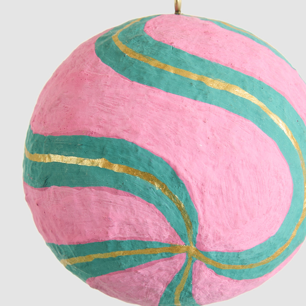 Mache Bauble Teal Swirl on Pink