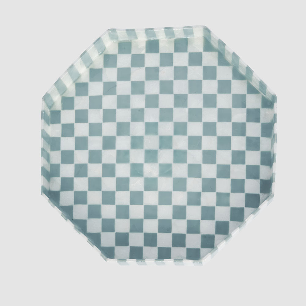 Blue Check Capiz Cake Stand Lge