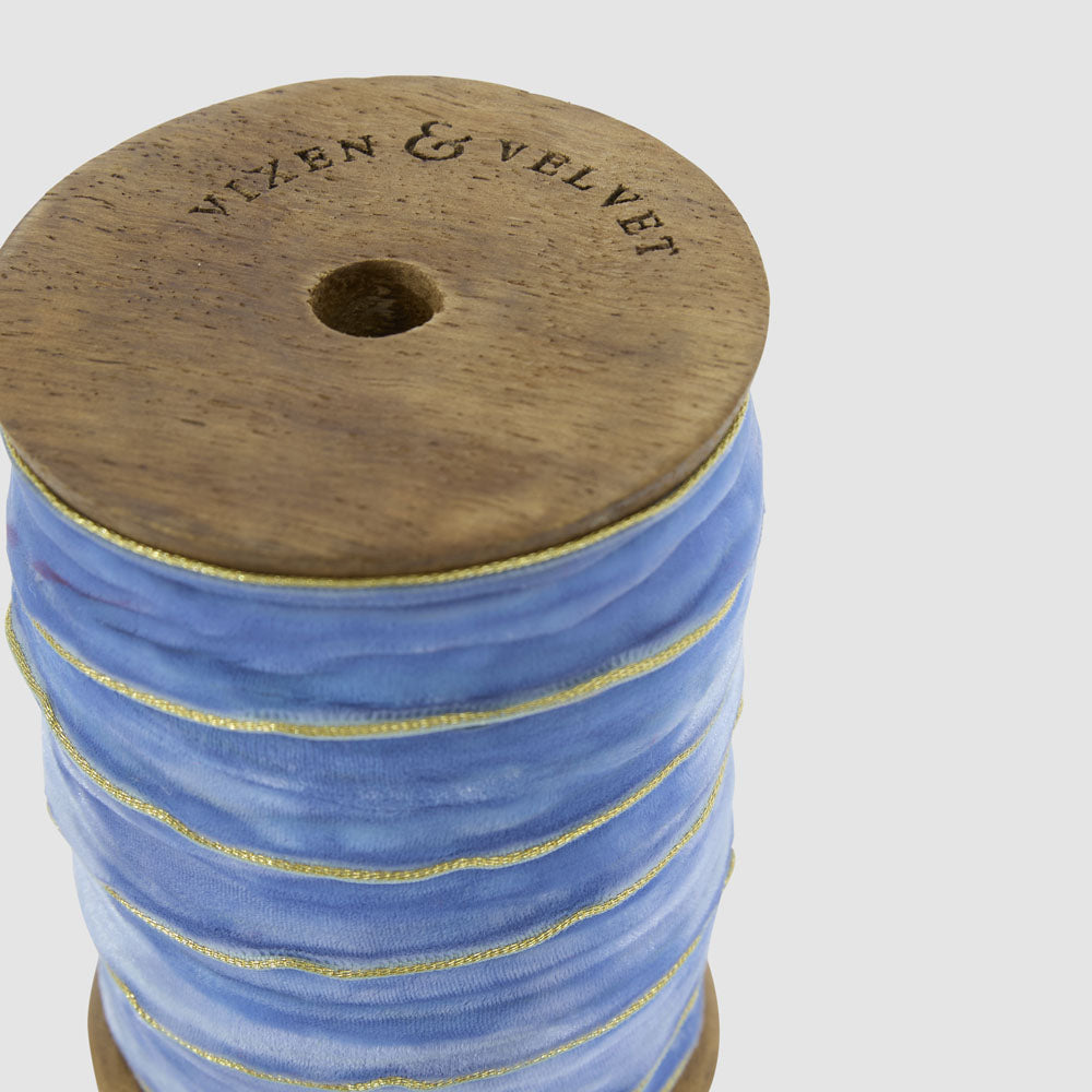 Velvet Ribbon Roll w. Gold Trim Cornflower Blue 20mm x 10m