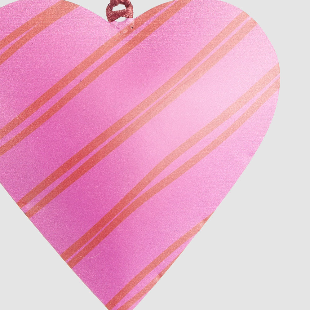 Joy Hand Painted Heart Tree Decoration Pink & Red Stripes
