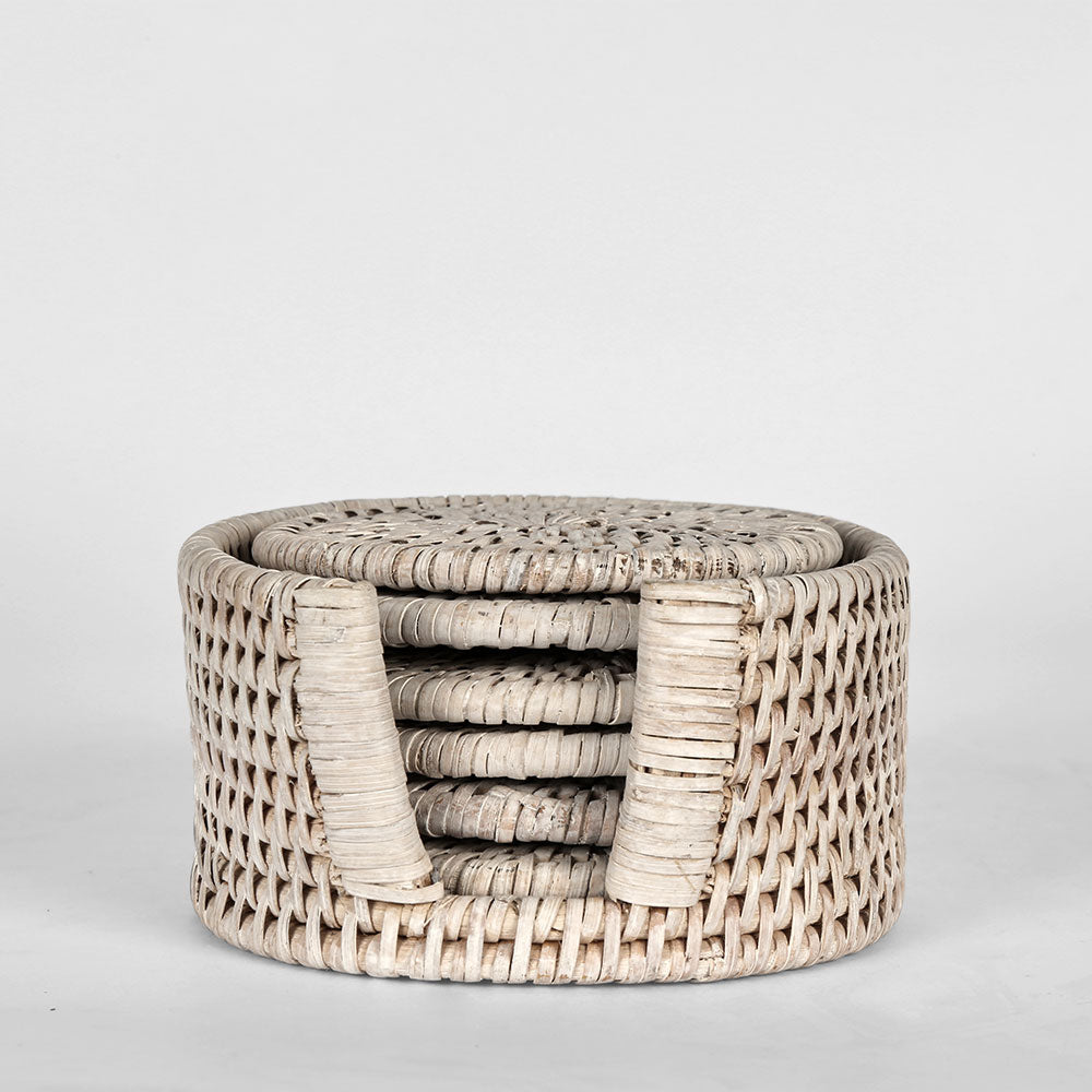 Paume Rattan Round Coaster Set 6 White Wash – Florabelle Living