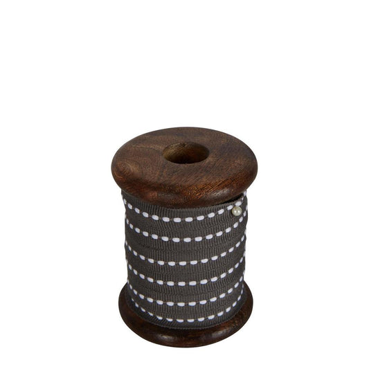 Grey Ticking Grosgrain Ribbon On Wooden Spool 10m