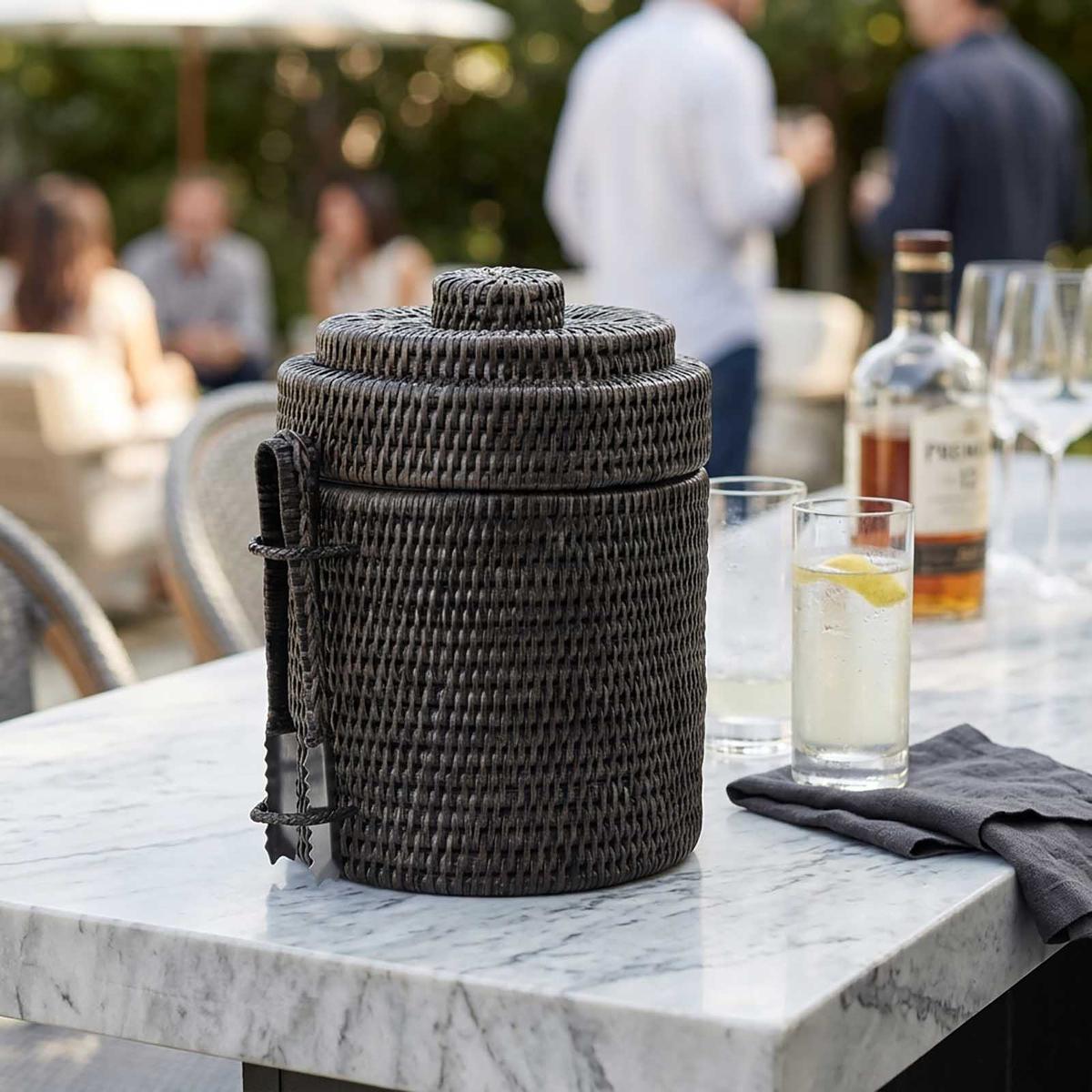 Paume Rattan Ice Bucket w Tong Black