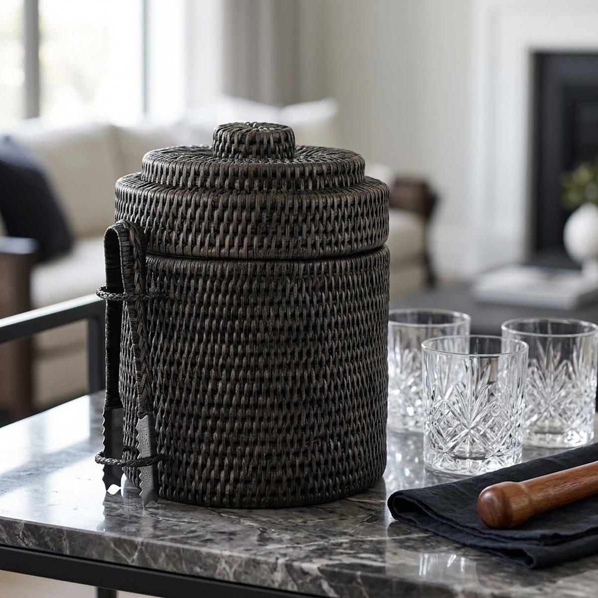 Paume Rattan Ice Bucket w Tong Black