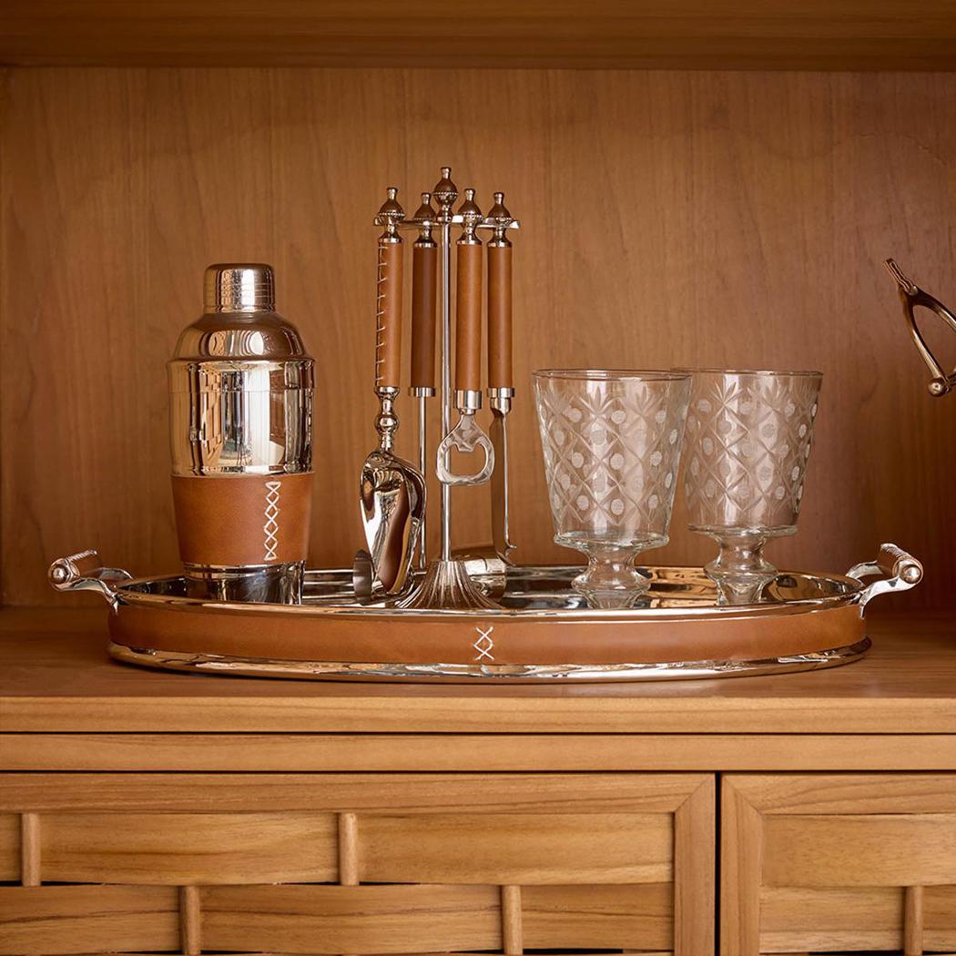 Verona Oval Tray Leather Brown and Silver