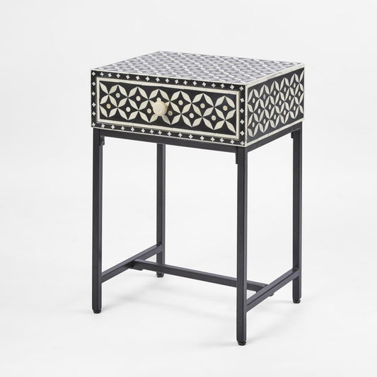 Stella Bone Inlay Bedside Table Black/White/Black Base