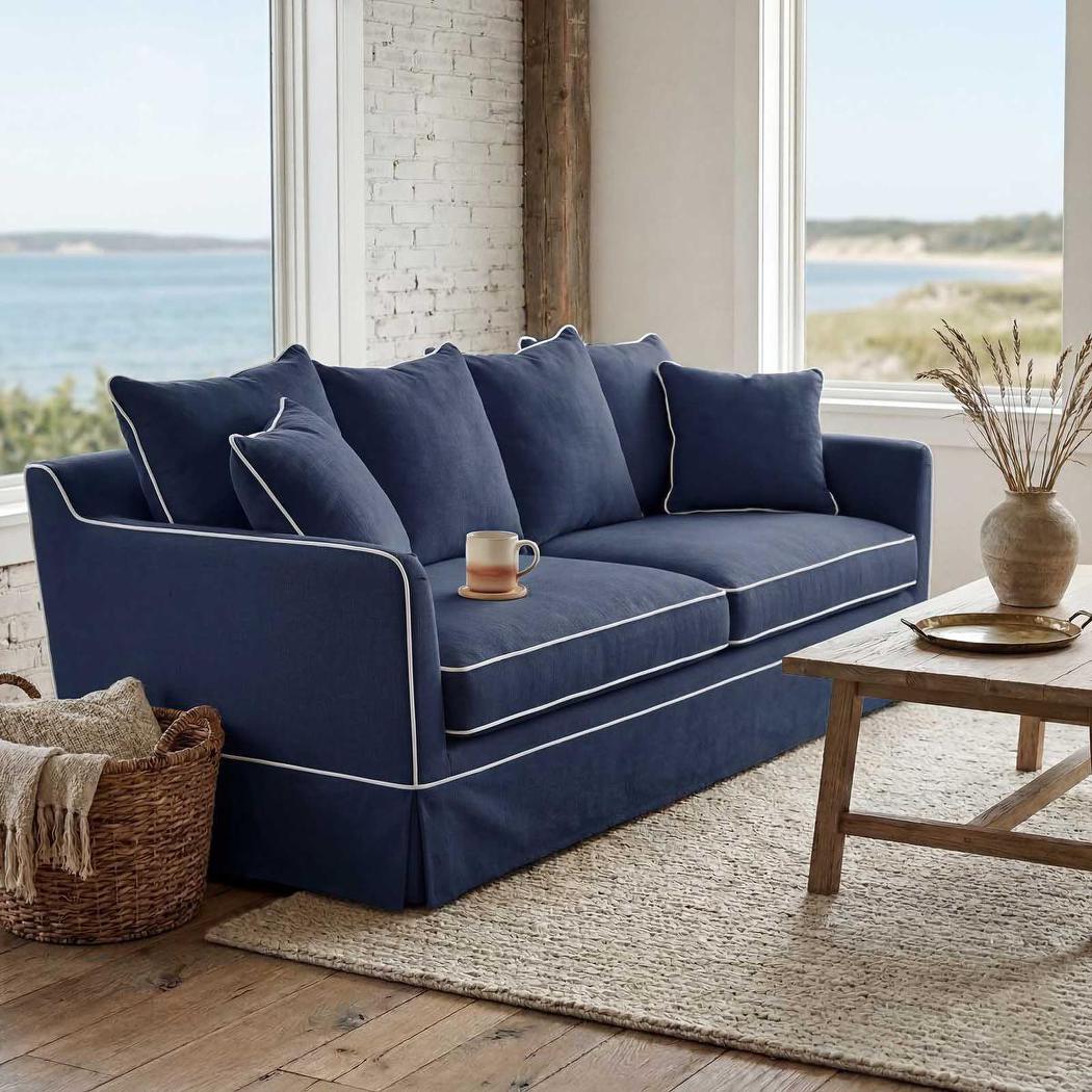Noosa Hamptons 3 Seat Sofa Navy W/White Piping
