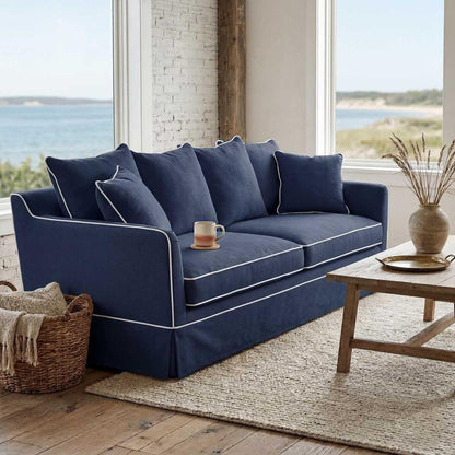 Noosa Hamptons 3 Seat Sofa Navy W/White Piping