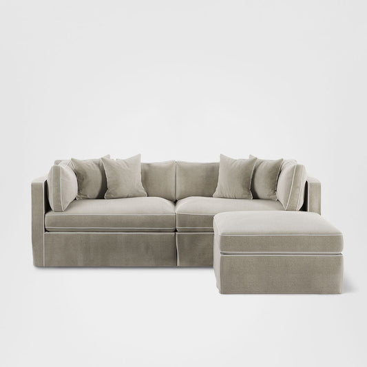 Marbella Modular 4 Seater Sofa Reversible Ottoman Chaise Natural W/White Piping