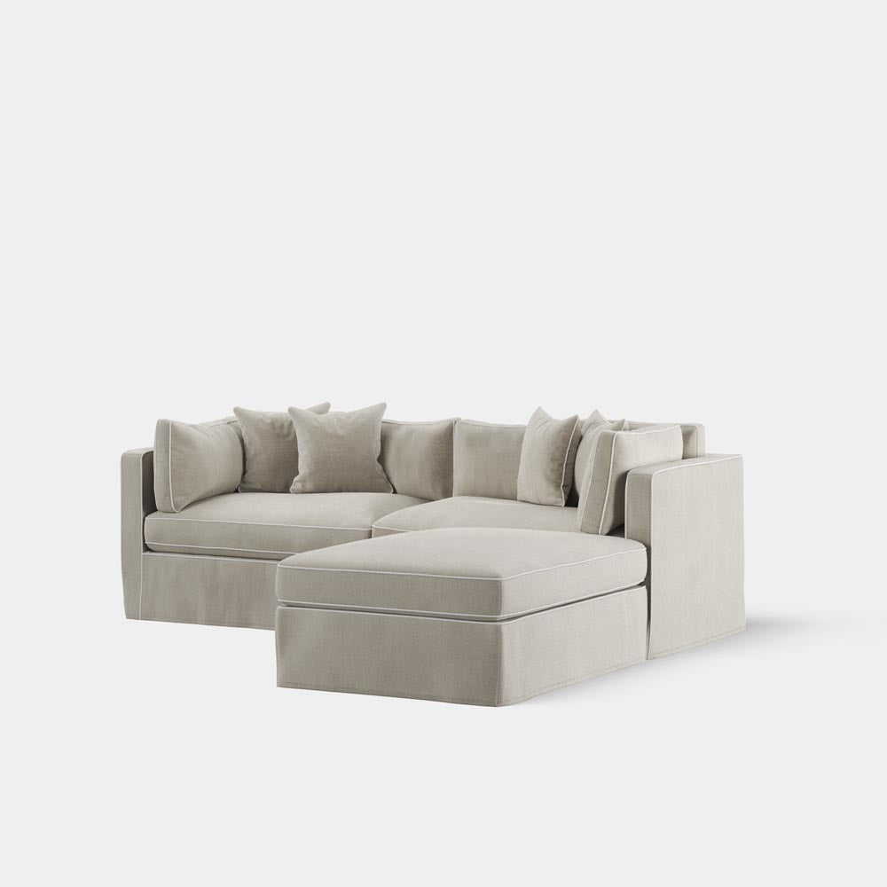 Marbella Modular 4 Seater Sofa Reversible Ottoman Chaise Natural W/White Piping