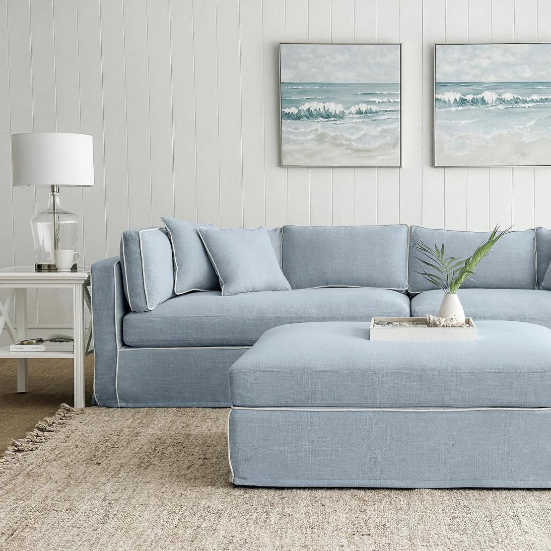 Marbella Modular 4 Seater Sofa Reversible Ottoman Chaisea Beach W/White Piping
