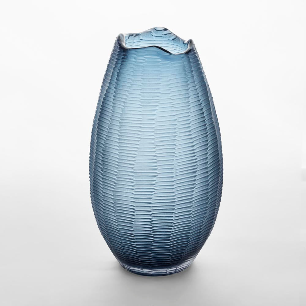 Artem Glass Vase Blue Carved L