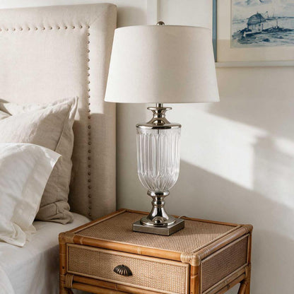 Bellevue Glass Nickel Lamp With White Linen Shade