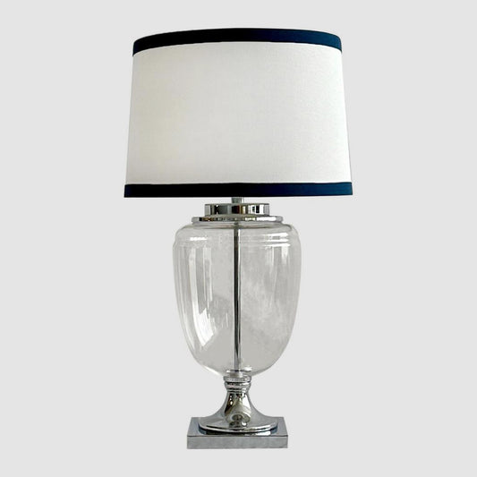 Charlotte Glass and Nickel Lamp with White Linen Shade (Navy Trim)