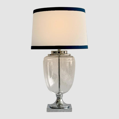 Charlotte Glass and Nickel Lamp with White Linen Shade (Navy Trim)
