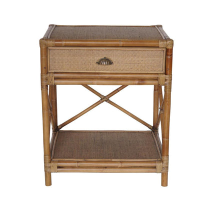 Cayman Rattan Hamptons One Drawer Bedside Table W/ Shell Handle