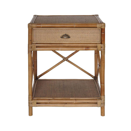 Cayman Rattan Hamptons One Drawer Bedside Table W/ Shell Handle