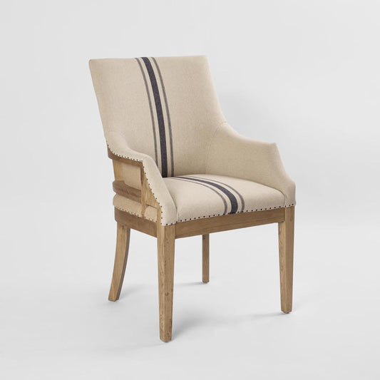Oakwood Hamptons Linen Arm Chair Natural/Blue Stripe W/ Studs