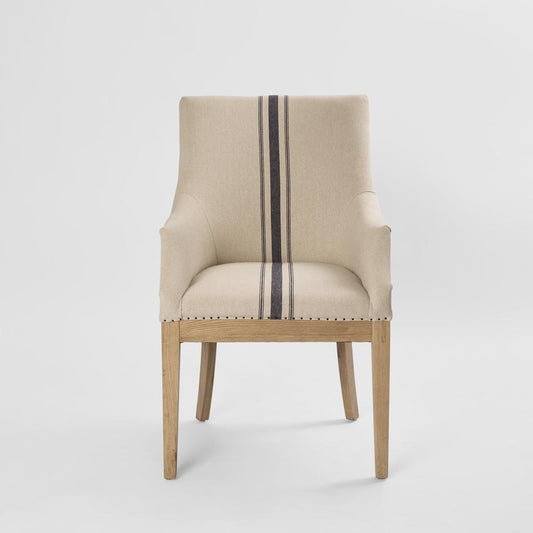 Oakwood Hamptons Linen Arm Chair Natural/Blue Stripe W/ Studs