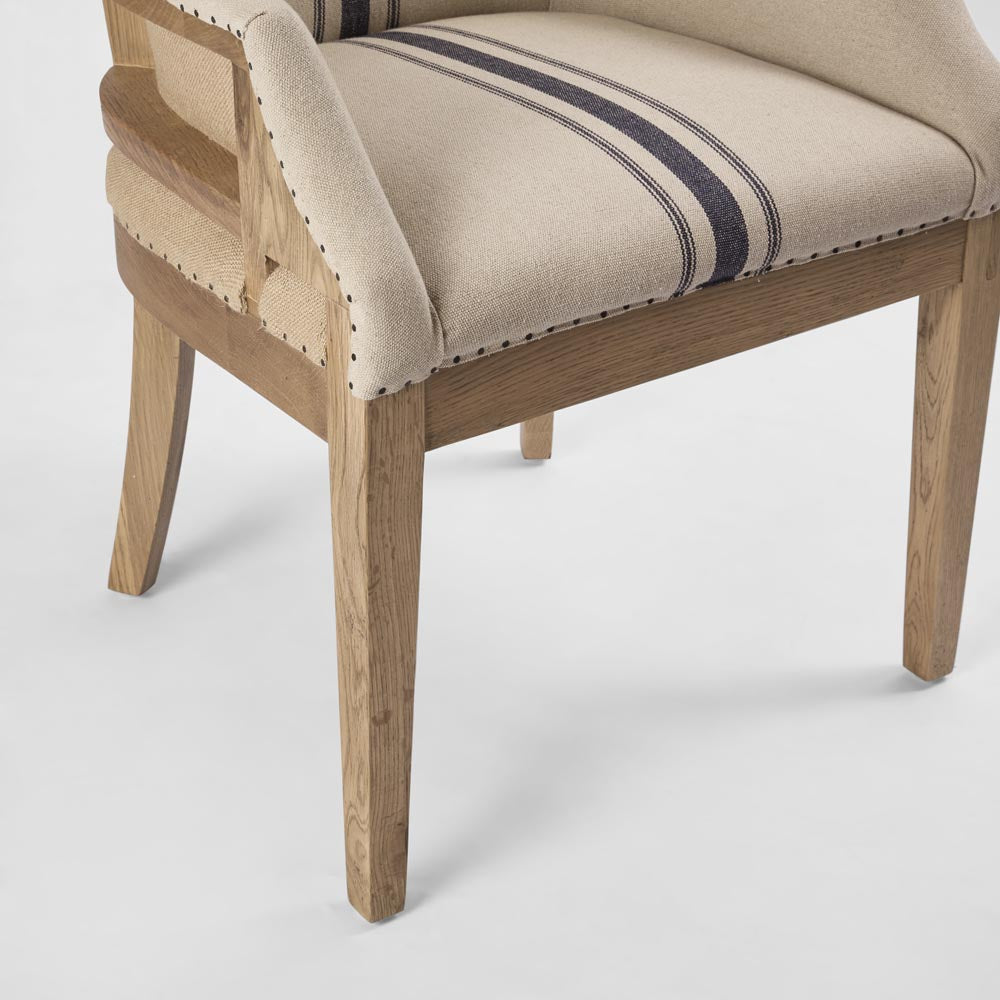 Oakwood Hamptons Linen Arm Chair Natural/Blue Stripe W/ Studs