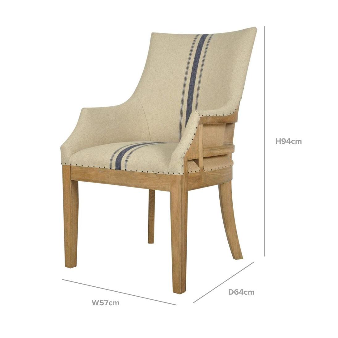 Oakwood Hamptons Linen Arm Chair Natural/Blue Stripe W/ Studs
