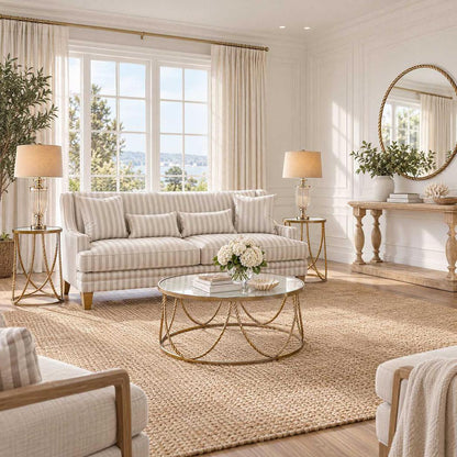 Bondi Hamptons 3 Seat Sofa Natural Stripe W/White Piping