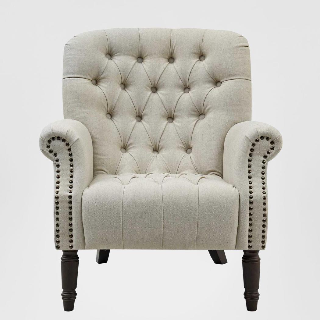 Maurice Natural Linen Blend Hamptons Buttoned Armchair W/Studs Dark Legs