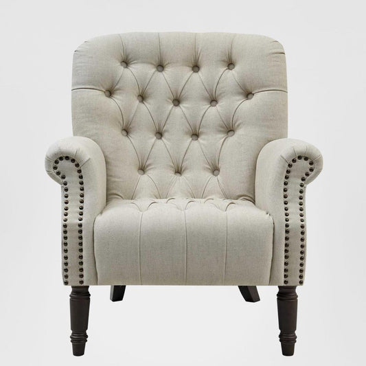 Maurice Natural Linen Blend Hamptons Buttoned Armchair W/Studs Dark Legs