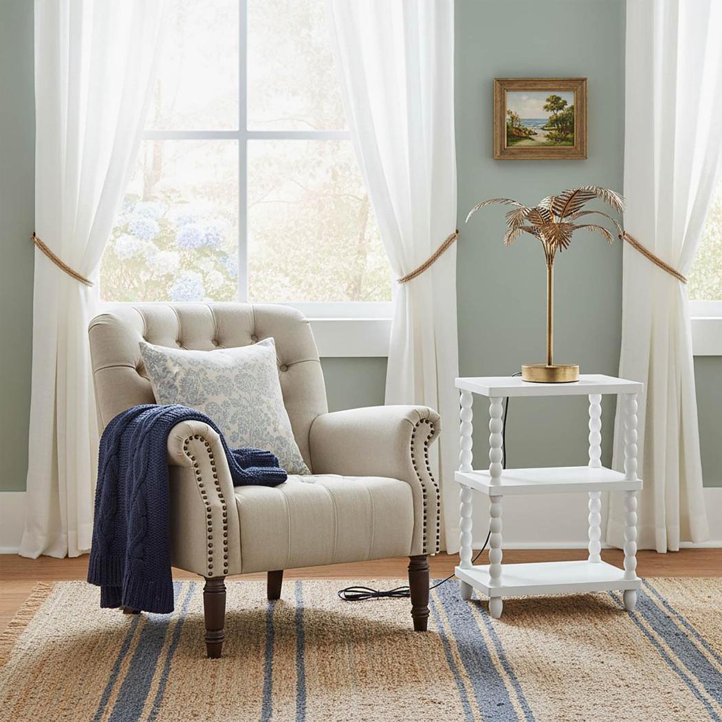 Maurice Natural Linen Blend Hamptons Buttoned Armchair W/Studs Dark Legs