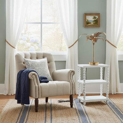 Maurice Natural Linen Blend Hamptons Buttoned Armchair W/Studs Dark Legs