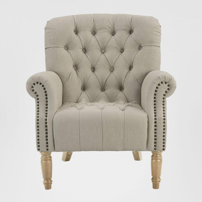 Maurice Natural Linen Blend Buttoned Armchair W/ Studs Oak Legs