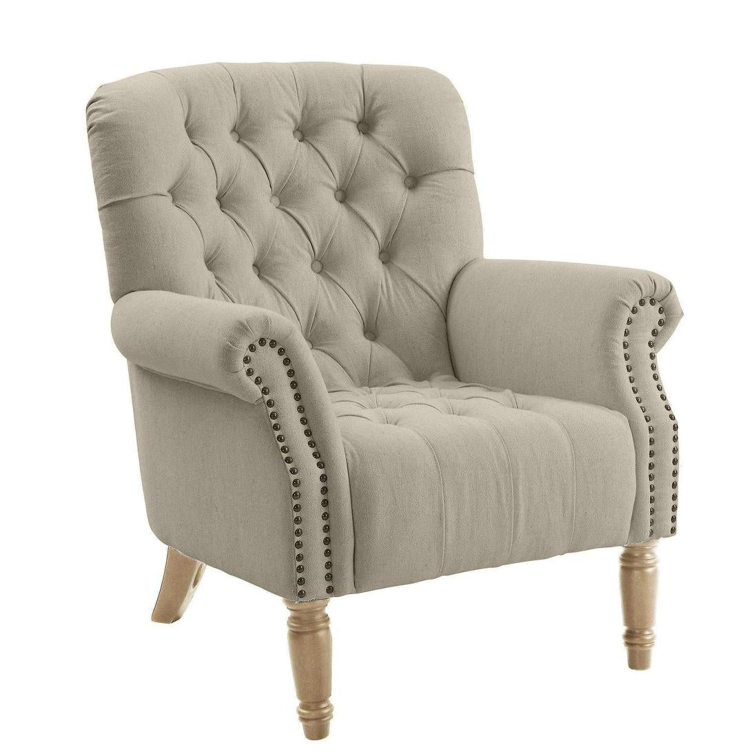Maurice Natural Linen Blend Buttoned Armchair W/ Studs Oak Legs