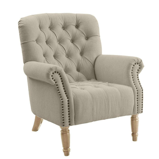 Maurice Natural Linen Blend Buttoned Armchair W/ Studs Oak Legs