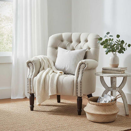 Maurice Natural Linen Blend Buttoned Armchair W/ Studs Oak Legs