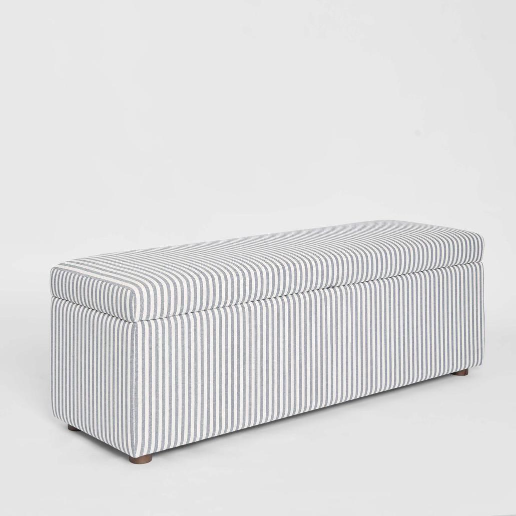 Newport Storage Ottoman White & Blue Pin Stripe