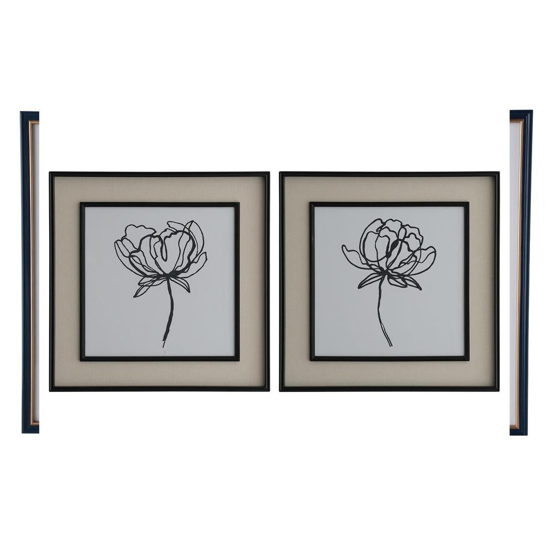 Sketched Flowers In Black Frame With Linen Insert Set 2