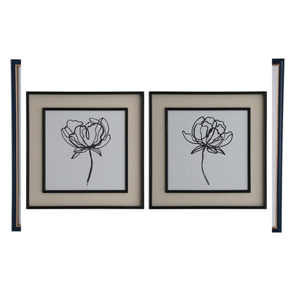 Sketched Flowers In Black Frame With Linen Insert Set 2
