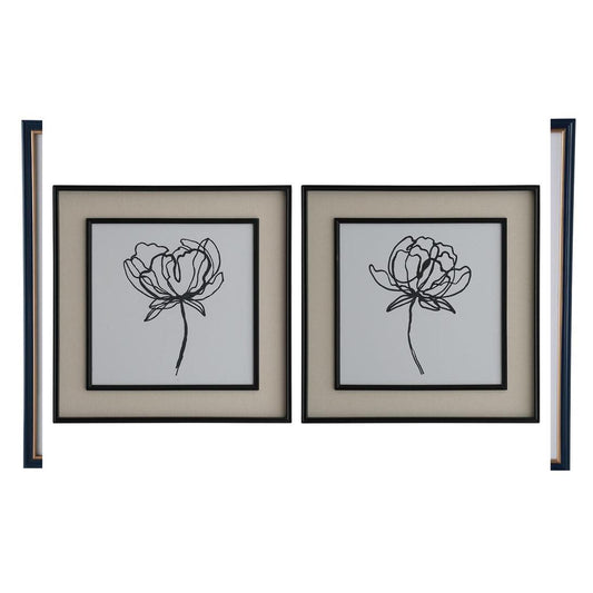 Sketched Flowers In Black Frame With Linen Insert Set 2