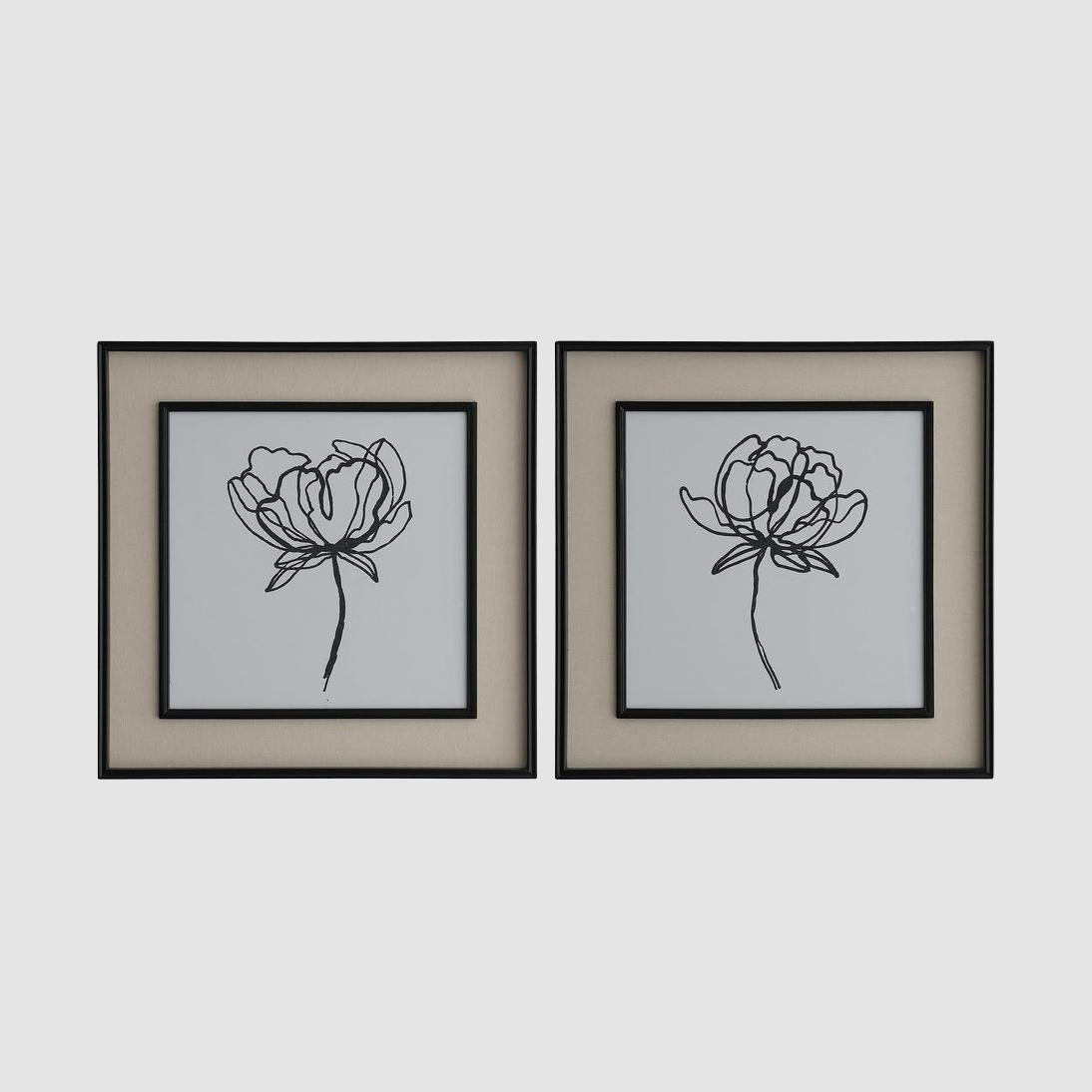 Sketched Flowers In Black Frame With Linen Insert Set 2