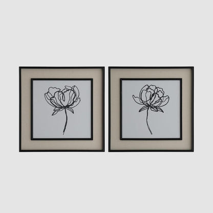 Sketched Flowers In Black Frame With Linen Insert Set 2