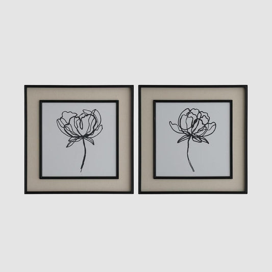 Sketched Flowers In Black Frame With Linen Insert Set 2