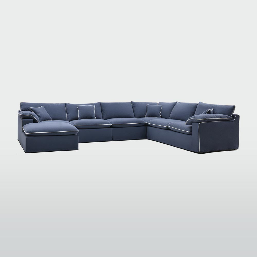 Norfolk 6 Seater Modular with Chaise (Reversible) Navy w/White piping