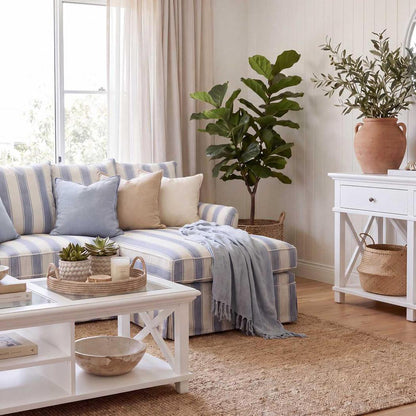 Noosa 3 Seater Right Chaise Sofa Blue Sky Stripe